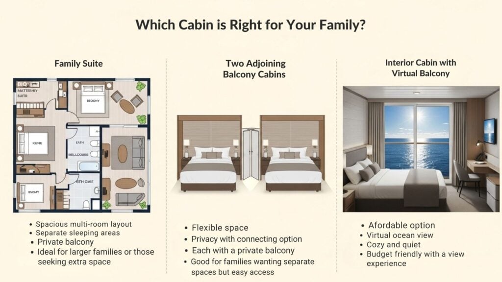 An infographic titled 'Which Cabin is Right for Your Family?' comparing a Family Suite, Adjoining Balcony Cabins, and an Interior Cabin with a Virtual Balcony.