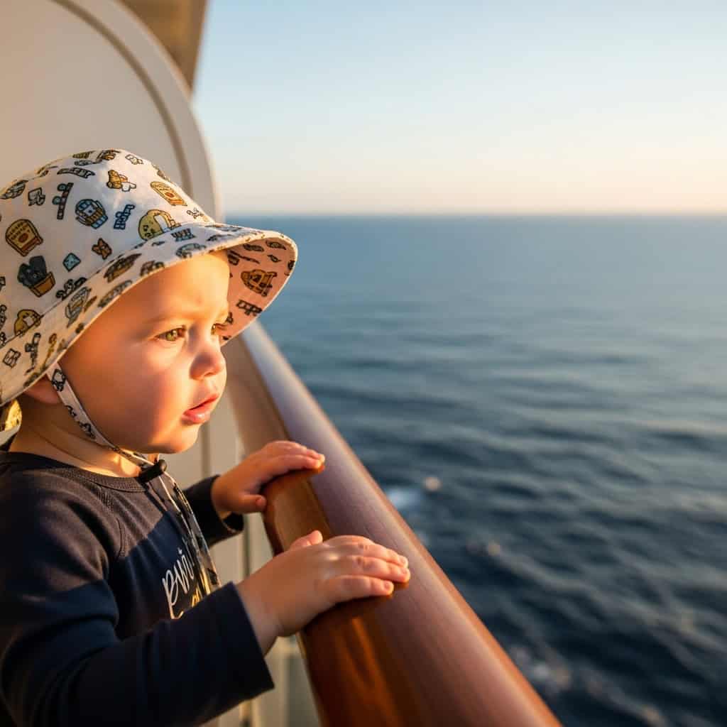 Child looking out from cruise ship balcony at ocean during sunset, experiencing travel adventure, enjoying scenic sea views on a cruise vacation.