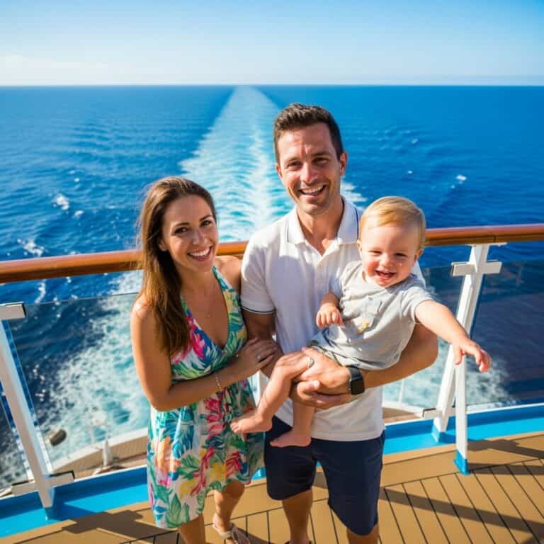 Family enjoying a cruise vacation on the ship deck with ocean view in the background.