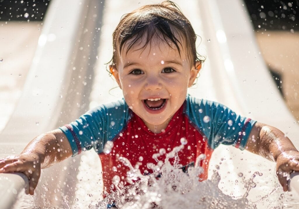 A colorful and safe toddler splash park on a modern cruise ship, a key feature for families.
