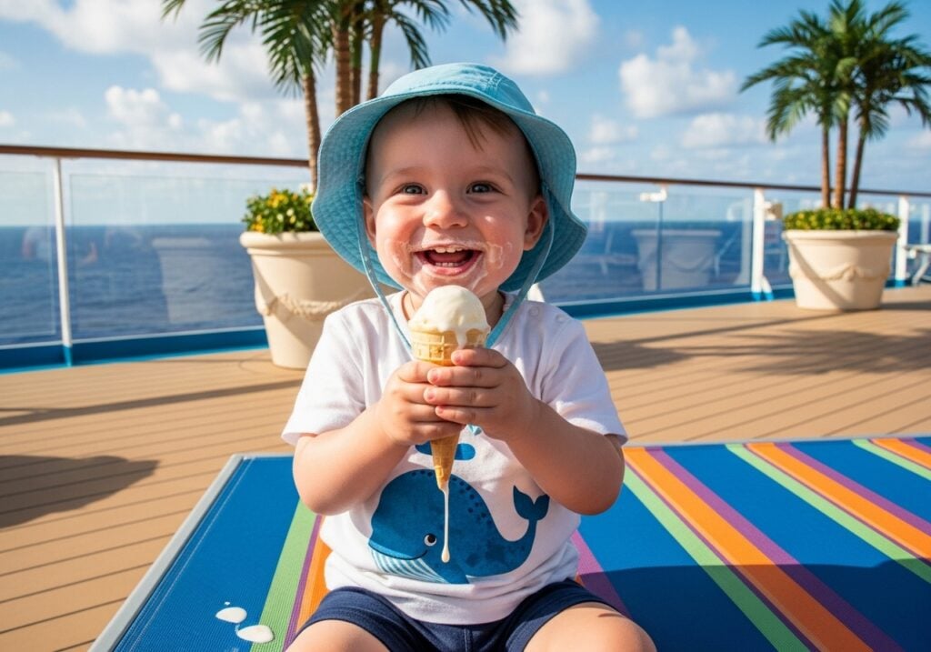 A happy toddler in a sun hat smiles while eating an ice cream cone on the deck of a cruise ship, representing the joy of a family cruise