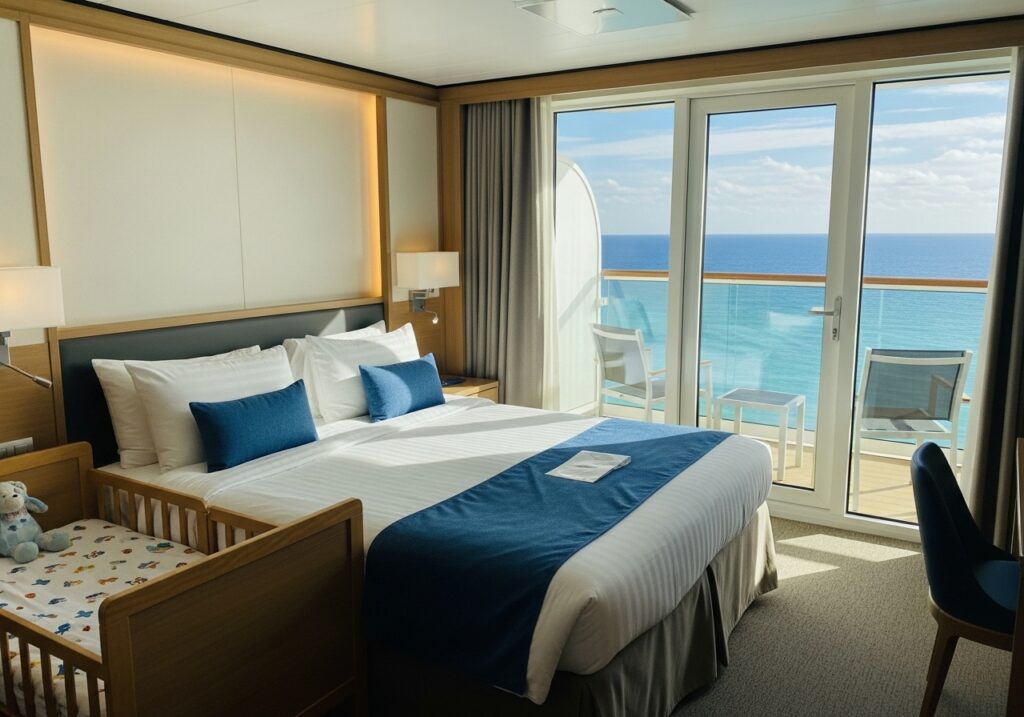 A clean and modern Royal Caribbean balcony stateroom, a perfect option for families cruising with a toddler.