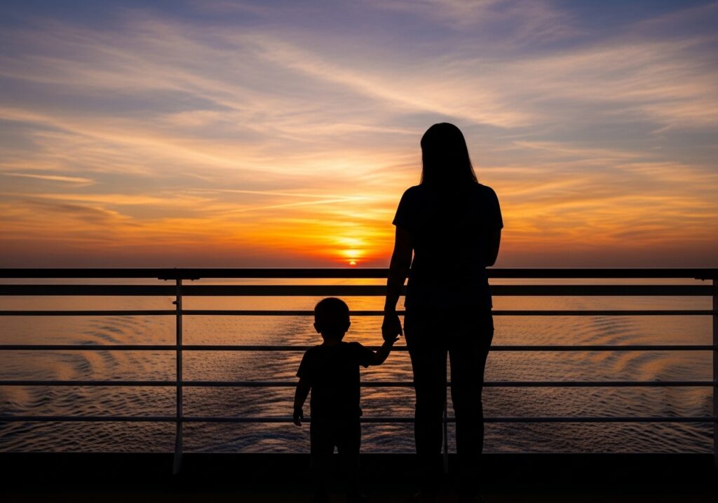 A parent and toddler watching the sunset from the back of a cruise ship, symbolizing a perfect family vacation memory.