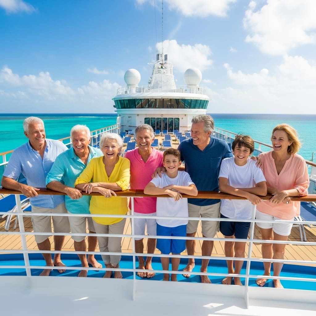 A happy multi-generational family with grandparents, parents, and children smiling together on a cruise ship.