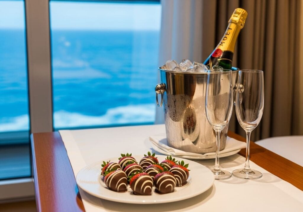 A champagne welcome amenity in a cruise ship cabin, representing VIP perks.