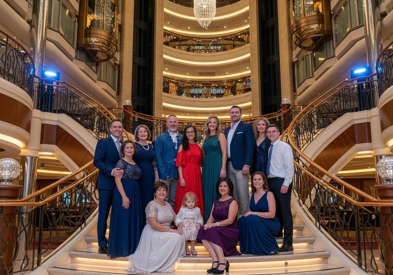 A large multi-generational family dressed up for a formal dinner on a cruise ship.