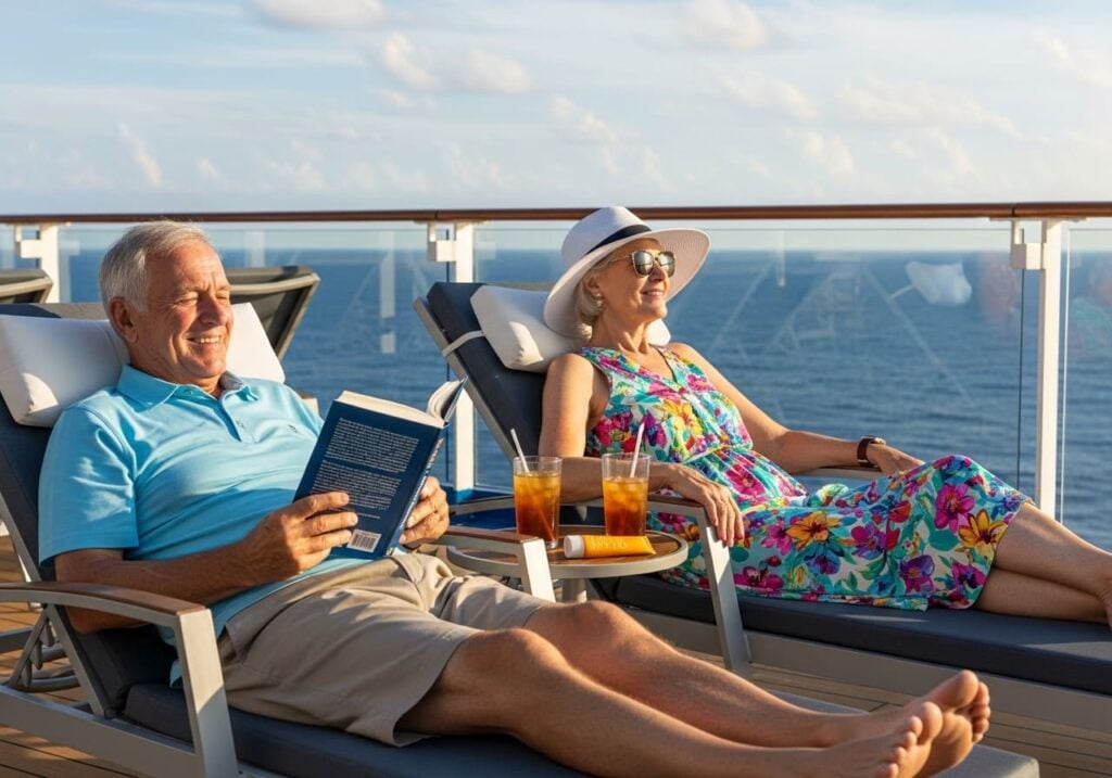 A senior couple relaxing on a quiet cruise ship sun deck.