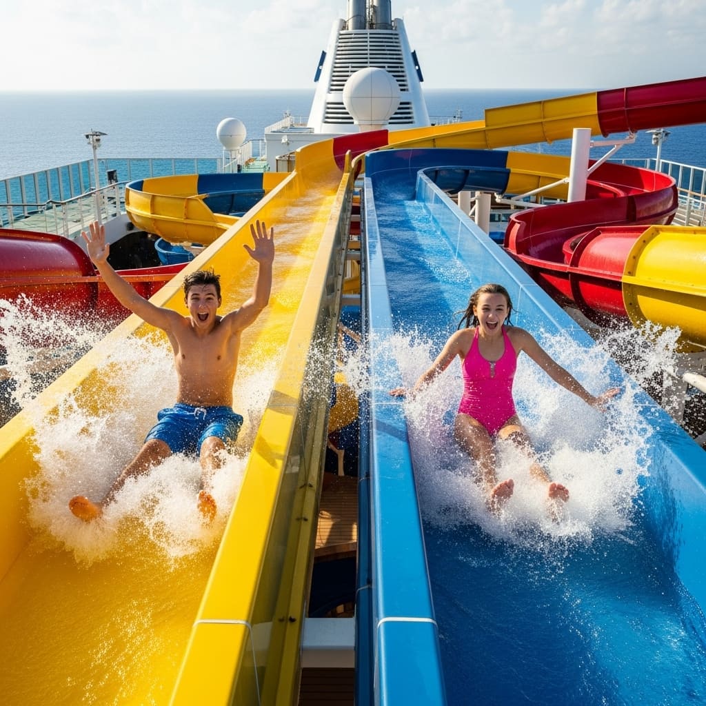 Teenagers laughing on a cruise ship waterslide.