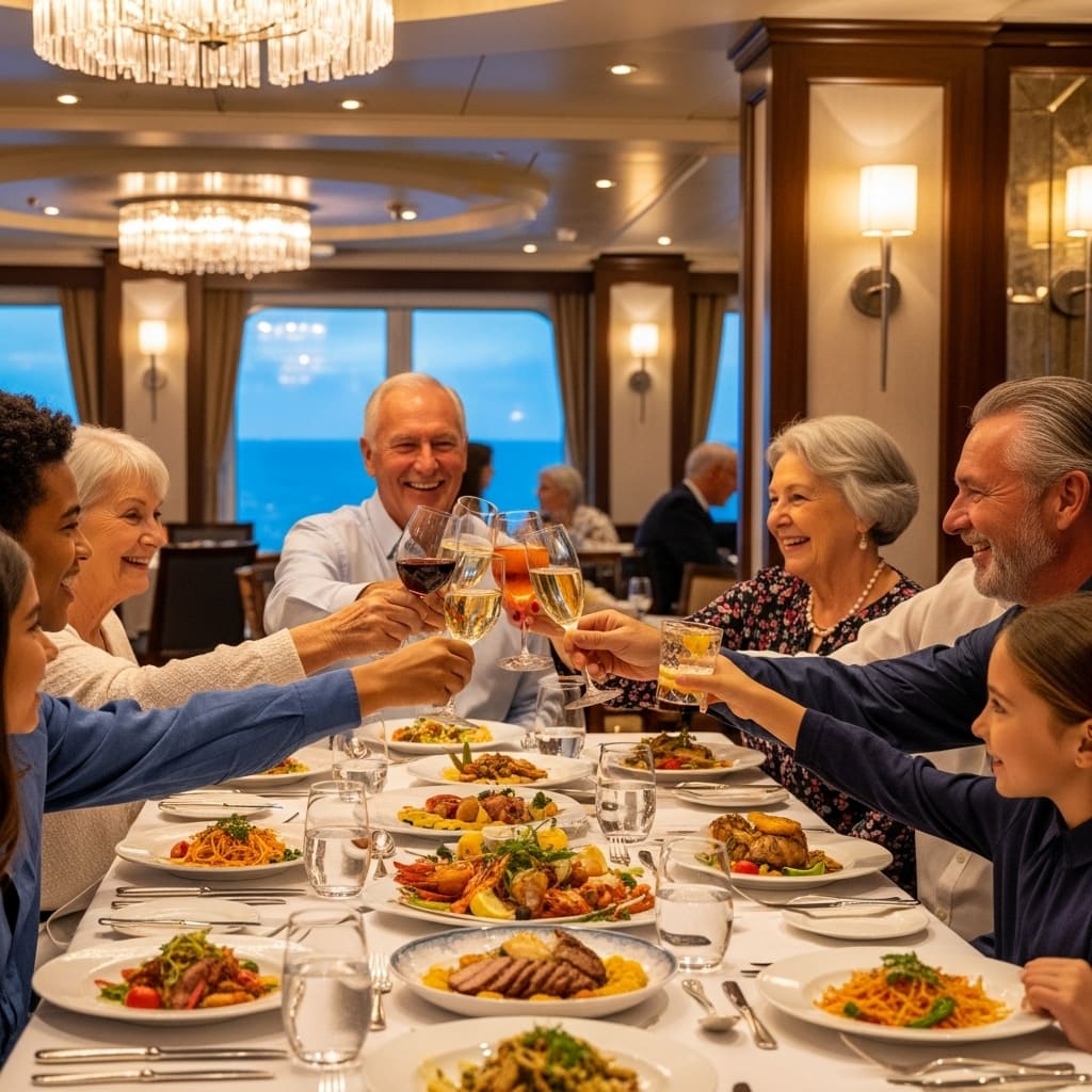 A family enjoying a group dinner at a specialty restaurant on a cruise.