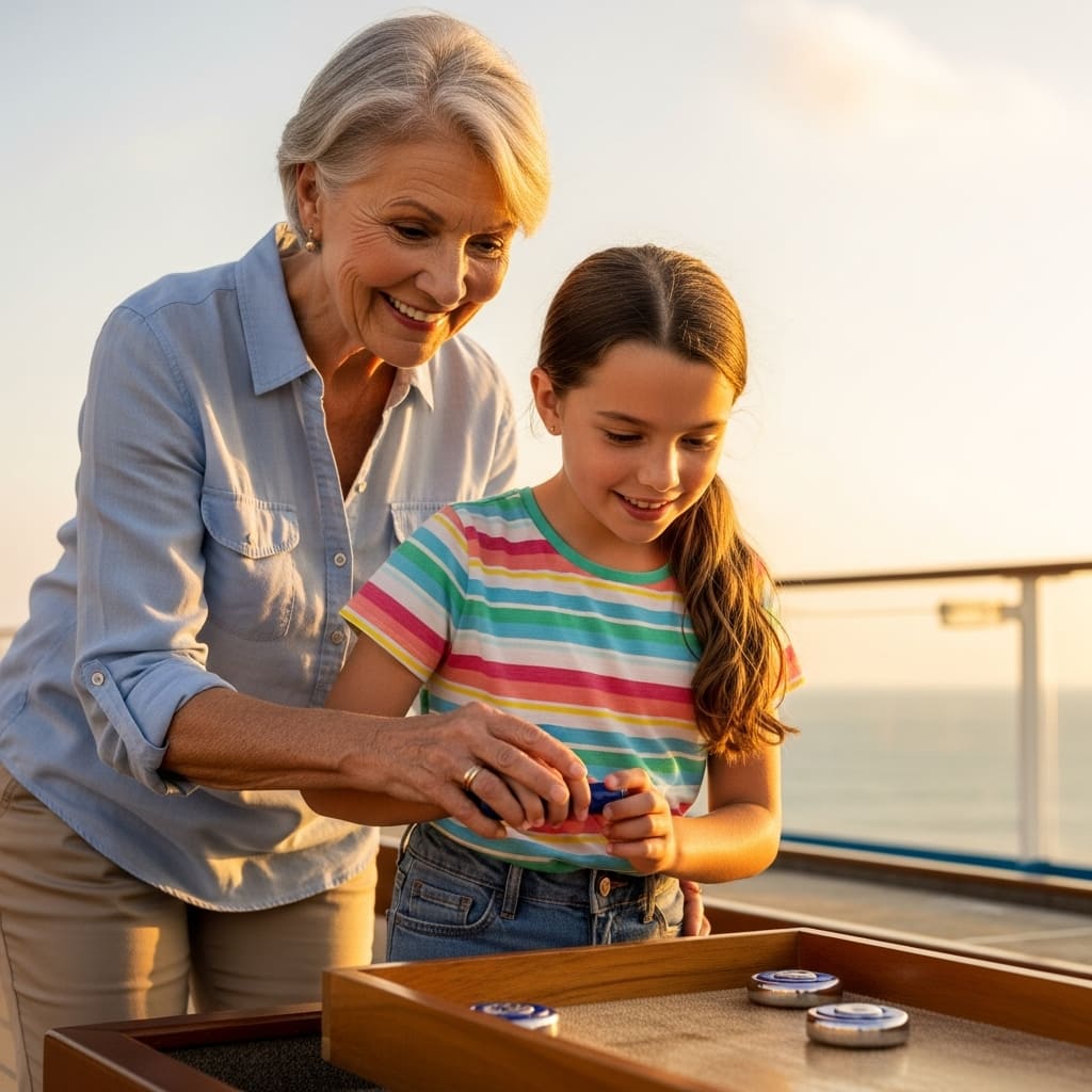 A grandmother and granddaughter playing shuffleboard together on a cruise.