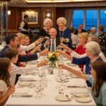 A multi-generational family celebrating a 50th anniversary with a group dinner on a cruise.