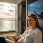 A travel planner relaxing on her cruise balcony while her family enjoys the adjoining rooms she booked.