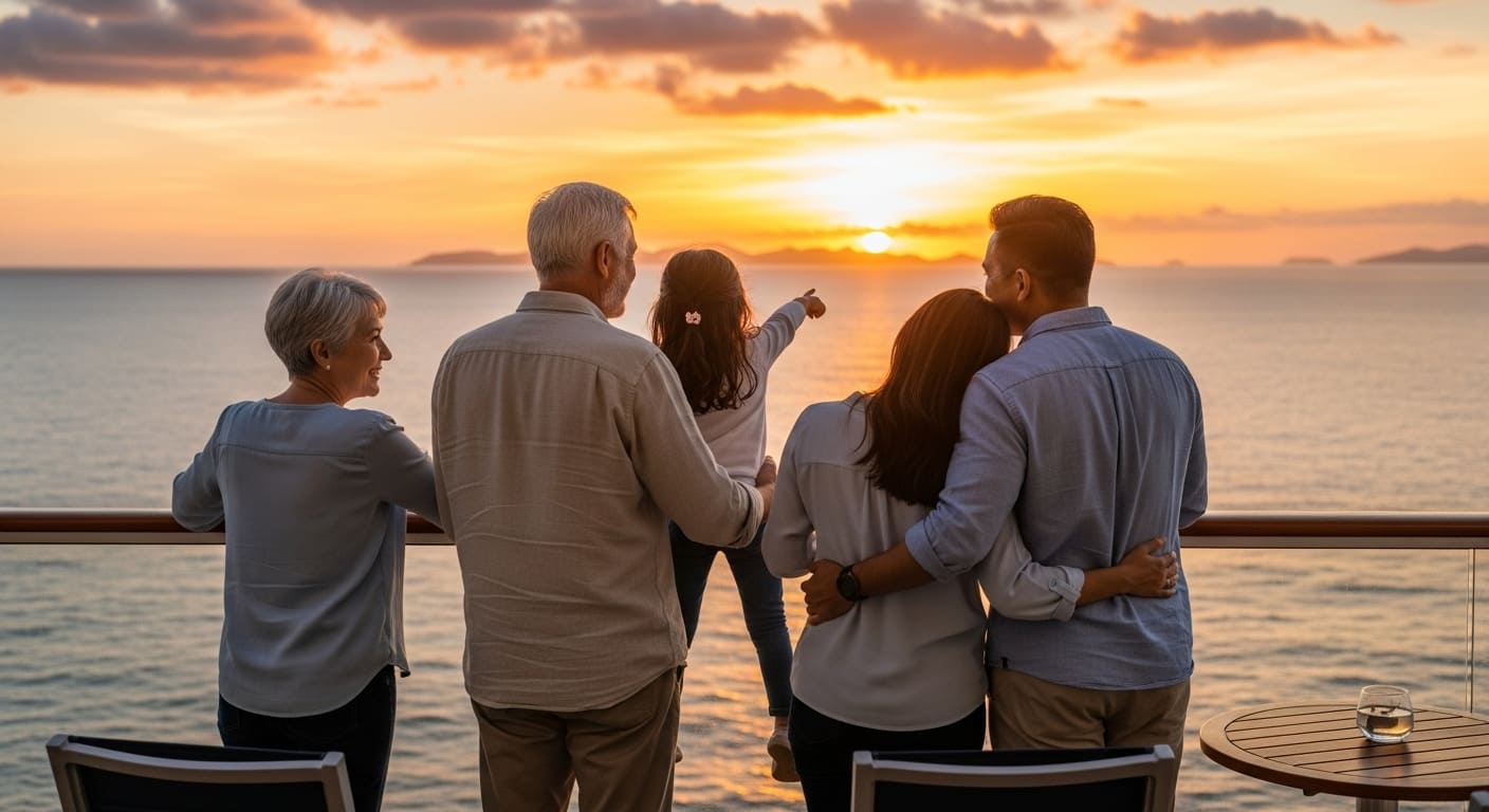 A multi-generational family watching a beautiful sunset from their cruise ship balcony.