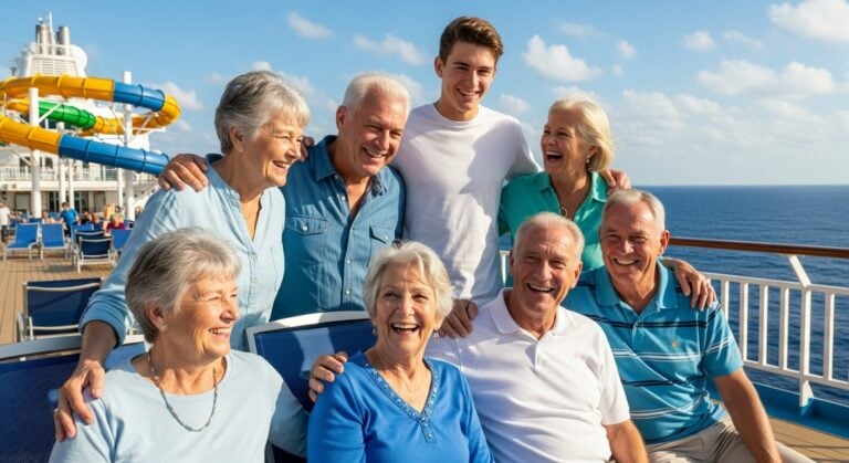 A happy multi-generational family with grandparents, parents, and teens posing together on a sunny cruise ship deck with a waterslide in the background.
