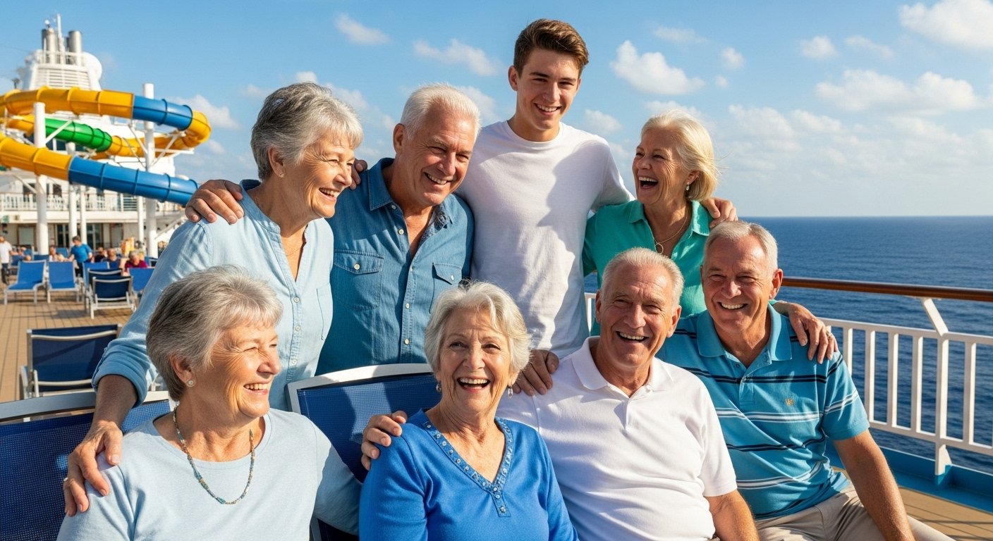 A happy multi-generational family with grandparents, parents, and teens posing together on a sunny cruise ship deck with a waterslide in the background.