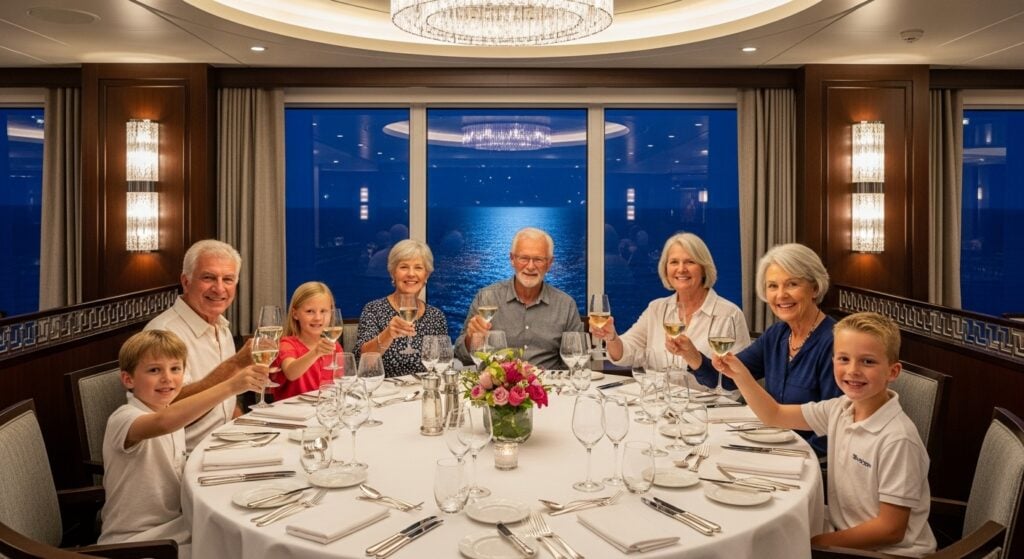 Best cruise for a large family group A large multi-generational family raising their glasses for a toast at an elegant specialty dining restaurant on a cruise ship.