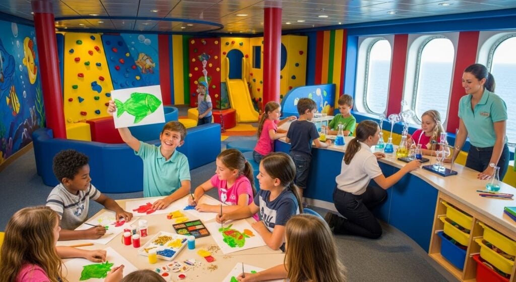 Happy children participating in a supervised arts and crafts activity at a colorful cruise ship kids' club.