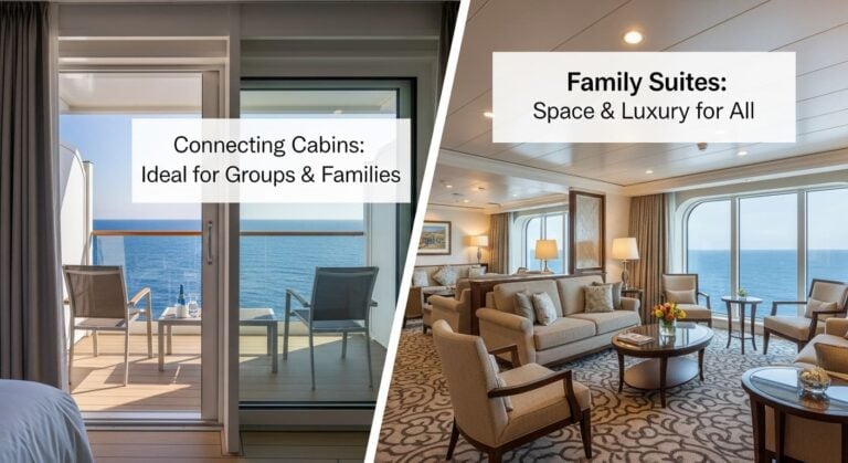 A split-screen image comparing two adjoining cruise ship cabins to the living room of a large family suite.