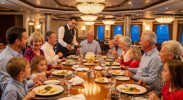A multi-generational family enjoying one of the many cruise ship group dining options in the main dining room.