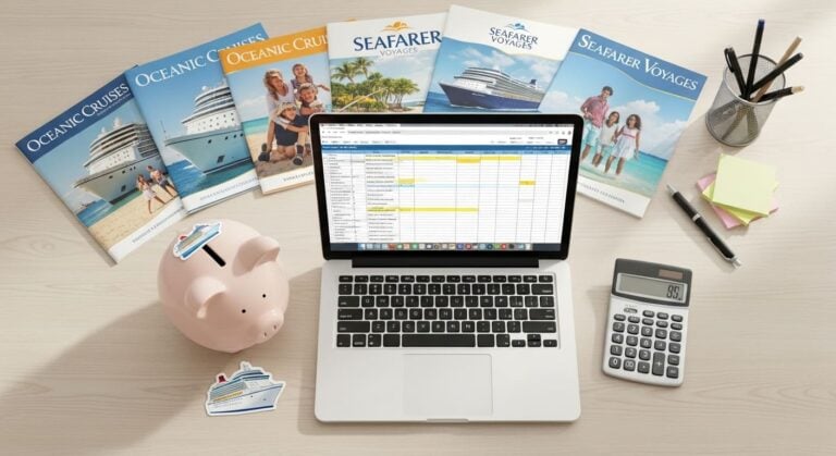 A desk with a laptop and calculator, representing how to manage different budgets for a family cruise.