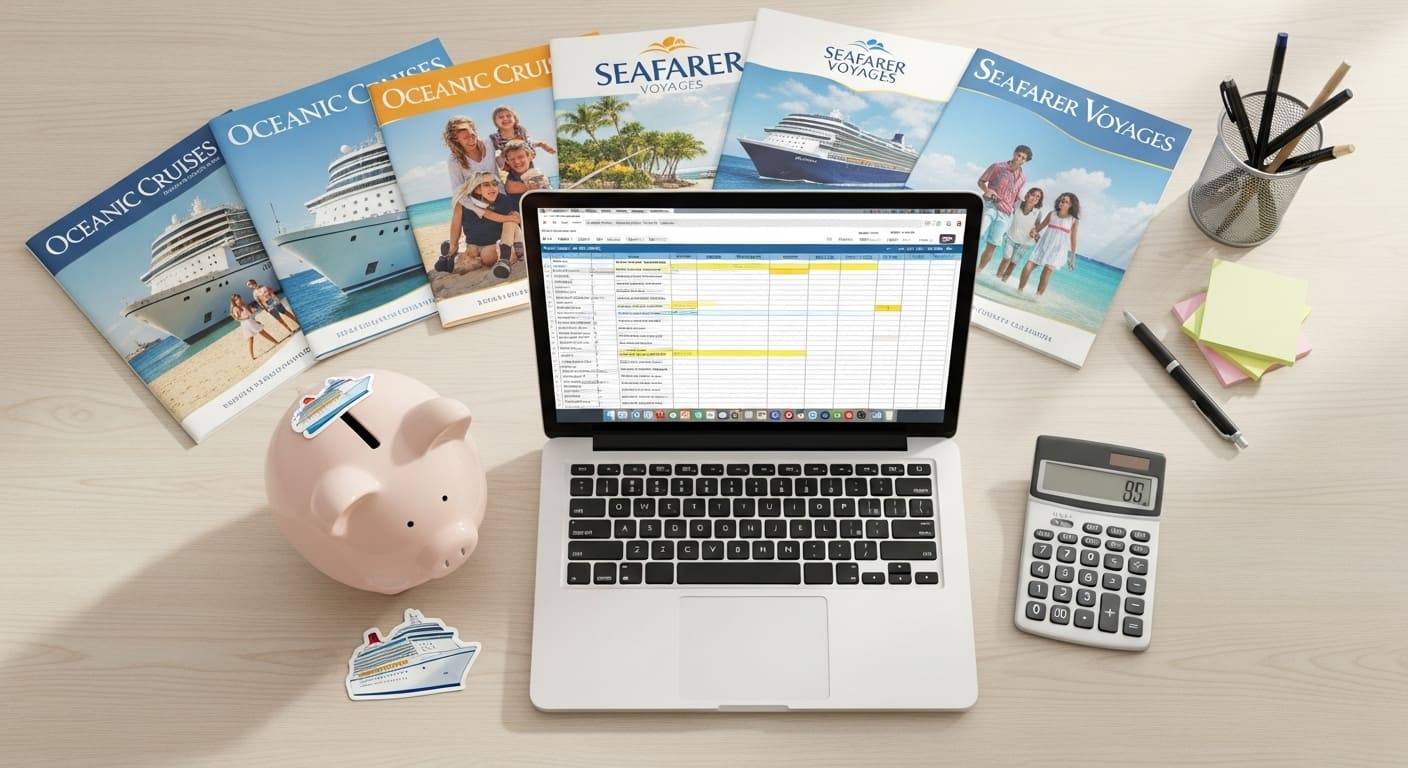A desk with a laptop and calculator, representing how to manage different budgets for a family cruise.