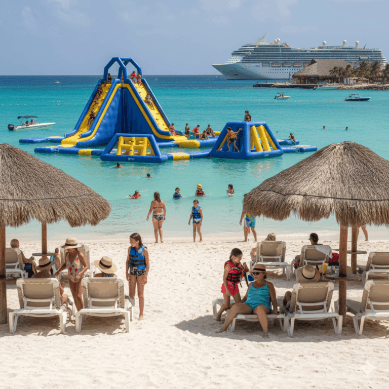 Kids playing on an inflatable water park, a key feature of the best family beach clubs in Cozumel for cruise passengers.
