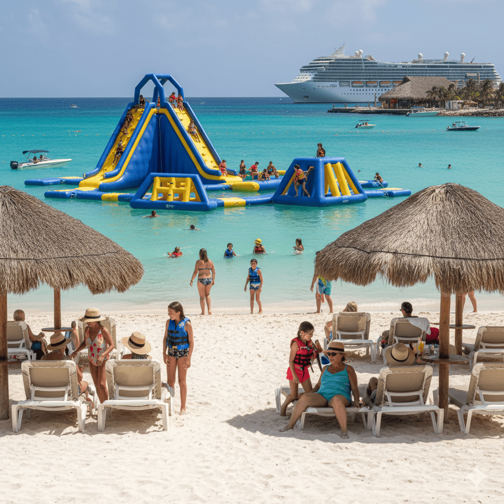Kids playing on an inflatable water park, a key feature of the best family beach clubs in Cozumel for cruise passengers.