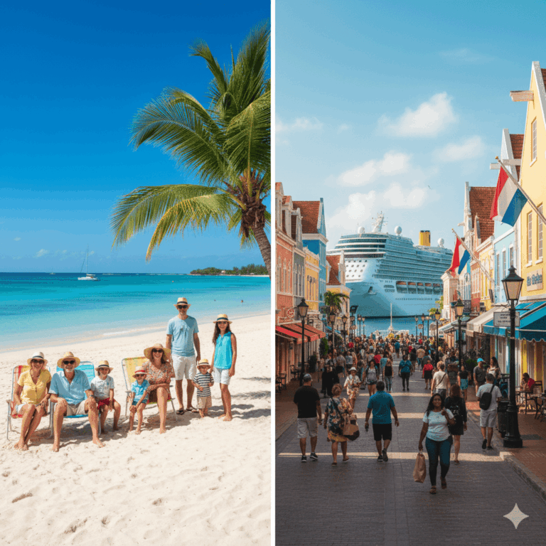 St. Thomas vs. St. Maarten A split image comparing a serene St. Thomas beach and a vibrant St. Maarten street, helping families decide which is best for their Caribbean cruise.