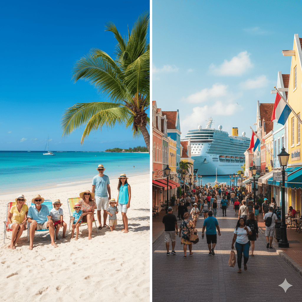 St. Thomas vs. St. Maarten A split image comparing a serene St. Thomas beach and a vibrant St. Maarten street, helping families decide which is best for their Caribbean cruise.