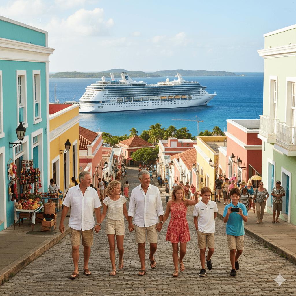 A colorful historic street scene in an Eastern Caribbean port, perfect for a large family exploring culture and shopping on their itinerary.