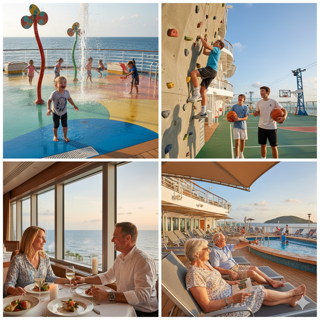 A visual representation of a multi-generational family's diverse needs being met on a cruise, illustrating the best Caribbean itineraries for a large family.
