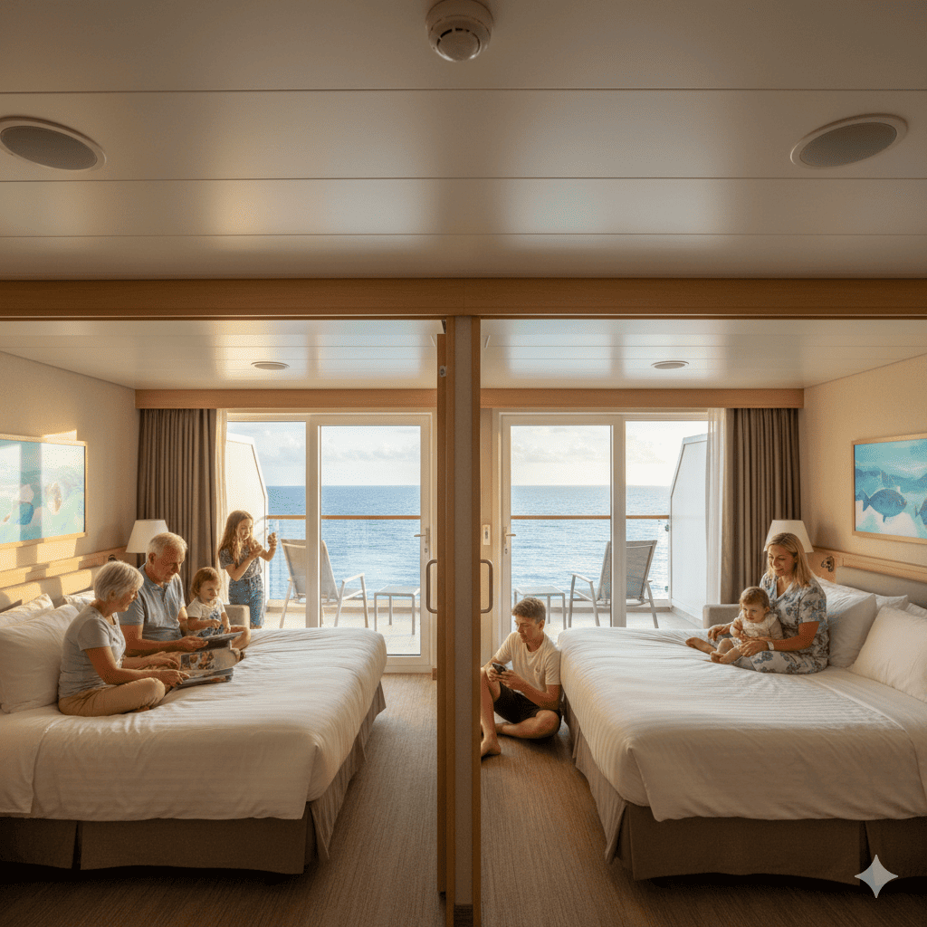 A multi-generational family relaxing in adjoining cruise ship cabins, illustrating a comfortable "home base" for a large family Caribbean itinerary.