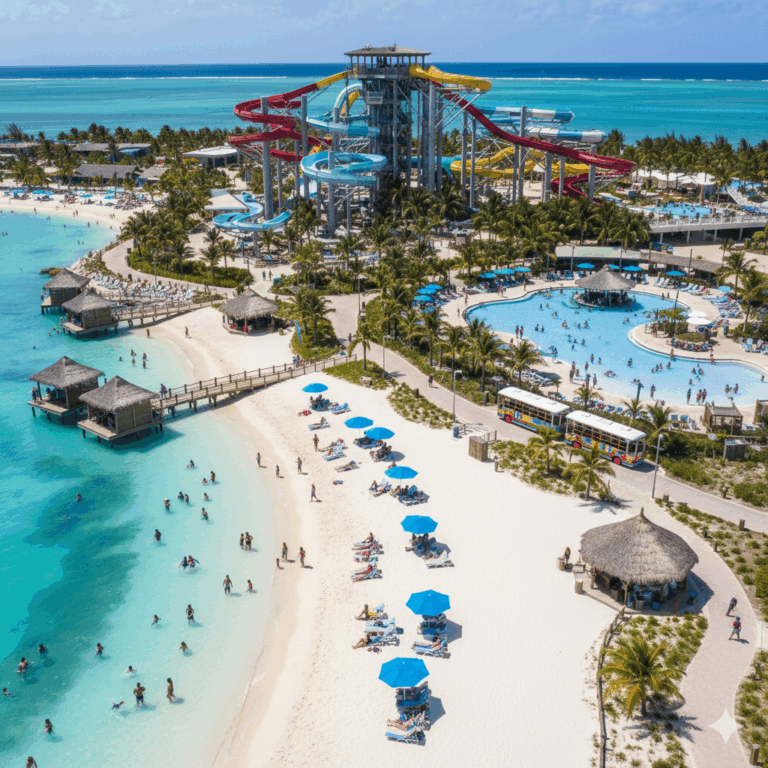 An aerial view of a private cruise line island with water parks and beaches, perfect for a large family seeking a stress-free Caribbean itinerary.