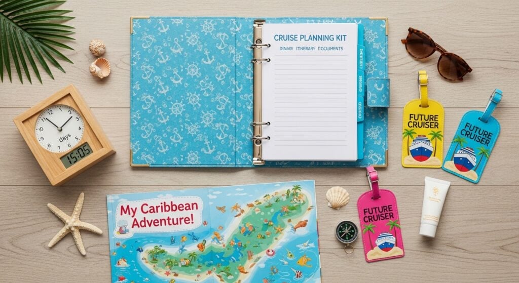 A cruise planning kit with a binder, countdown clock, and guidebooks, representing multi-generational cruise gifts that build anticipation.