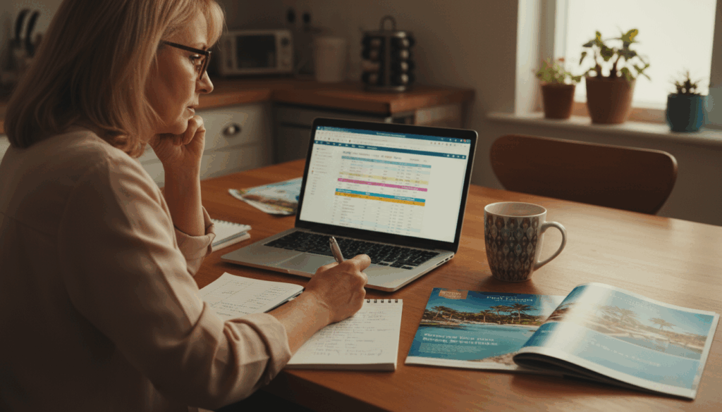 A woman at her kitchen table starting her multi-generational travel planning.