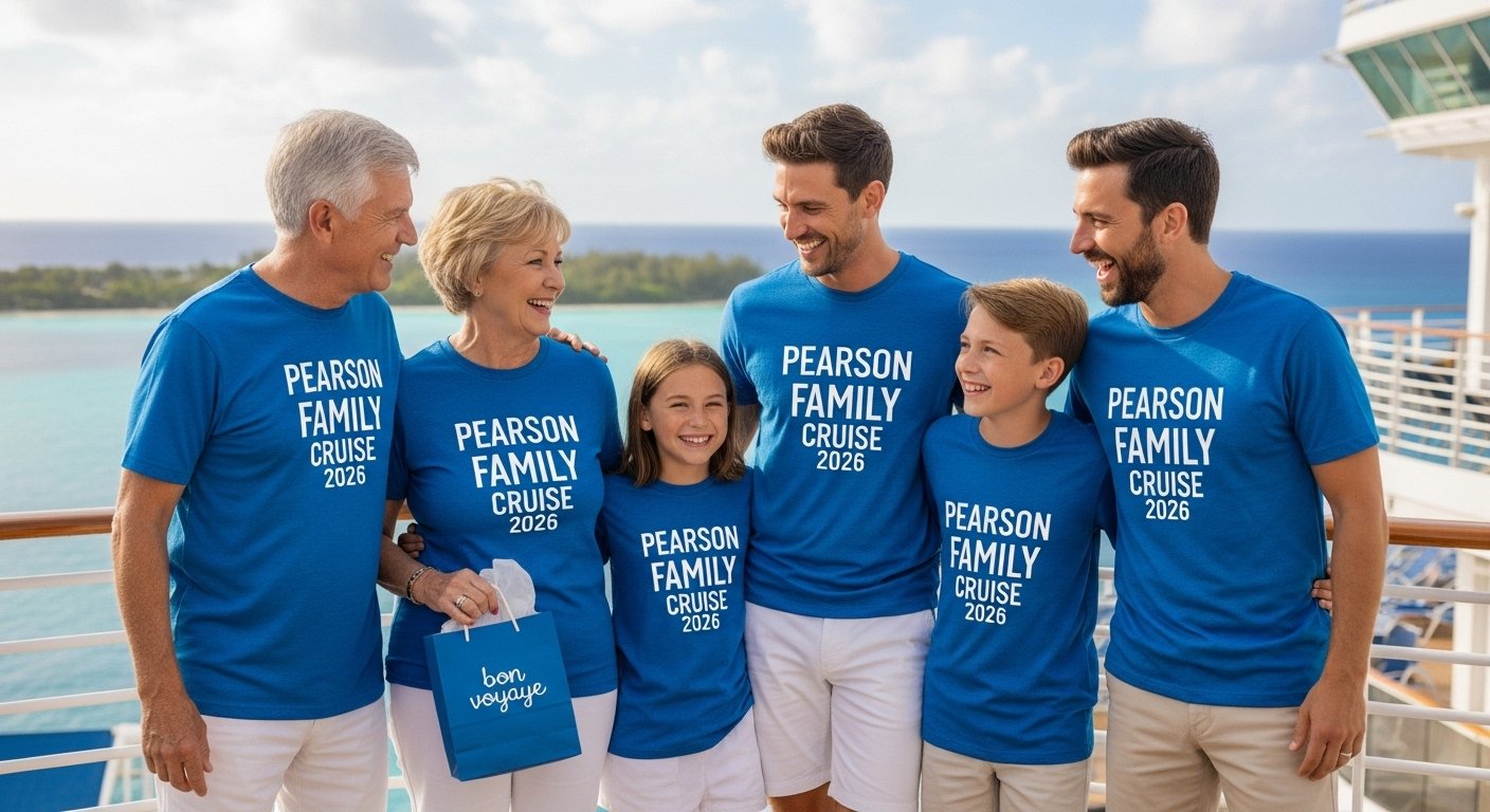 A multi-generational family wearing matching t-shirts, smiling on a cruise ship deck, illustrating the best multi-generational cruise gifts.