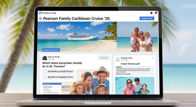 A laptop showing a private Facebook group, the best app for planning group travel communication.