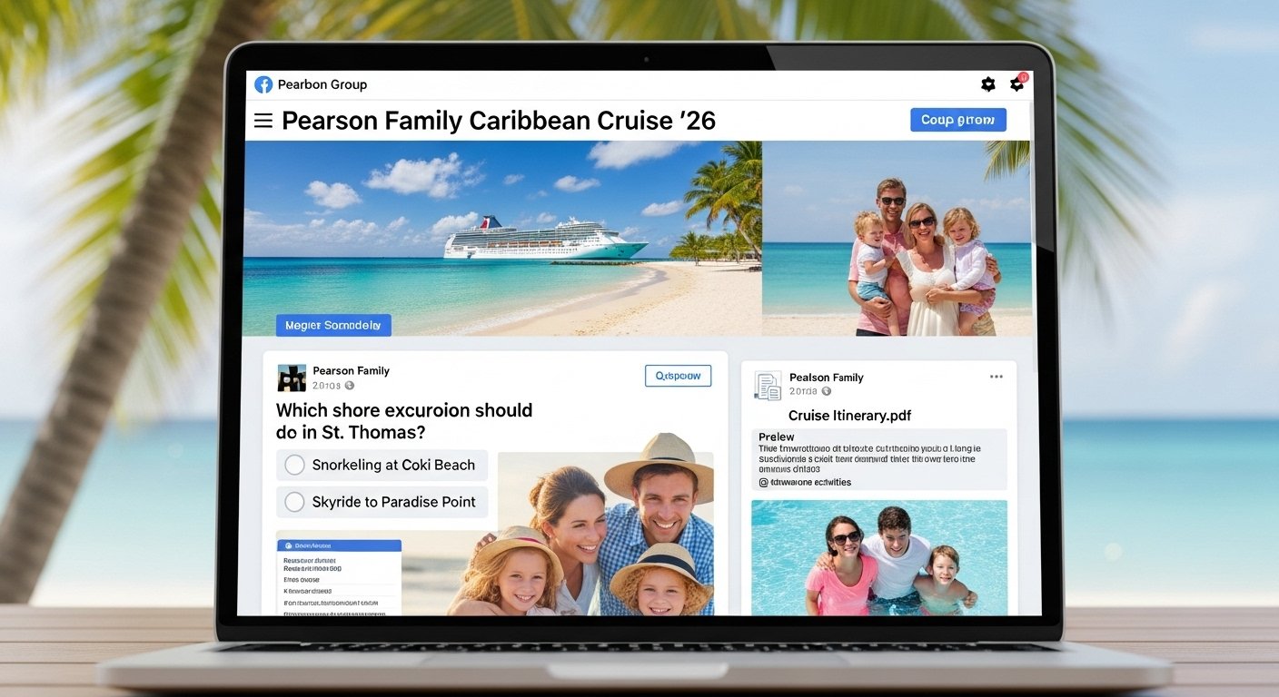 A laptop showing a private Facebook group, the best app for planning group travel communication.