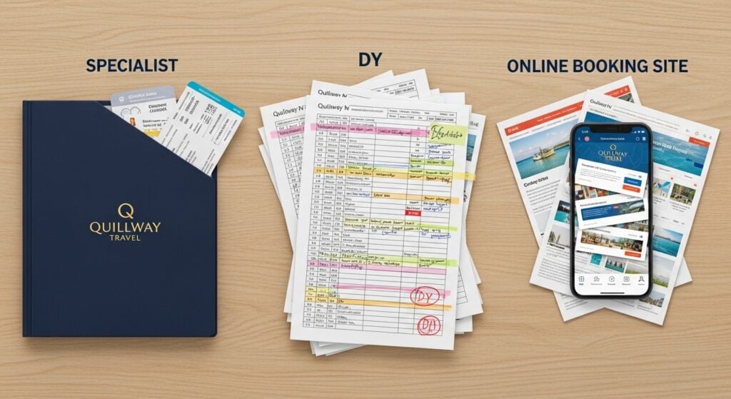 Comparing the three ways to plan a group vacation: DIY, online, or with a specialist.