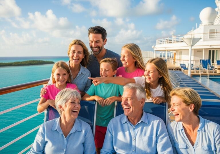 A happy, multi-generational family enjoys the view from a cruise ship, illustrating the best Caribbean itineraries for a large family.