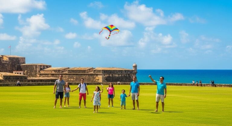 A family flying a kite at El Morro, one of the best family-friendly activities in Old San Juan for cruise visitors.