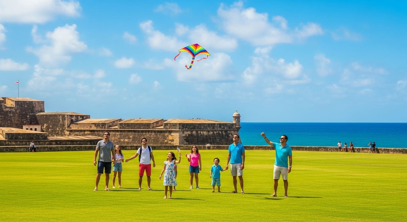 A family flying a kite at El Morro, one of the best family-friendly activities in Old San Juan for cruise visitors.