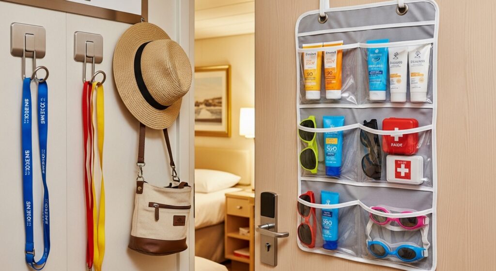 An organized cruise cabin wall using an over-the-door organizer and magnetic hooks, showing practical cruise gifts.