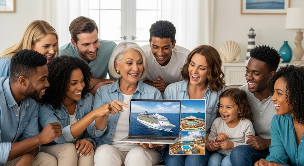 A family working together on their group trip planning checklist.