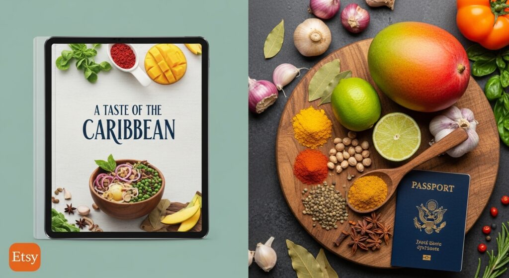 The 'Taste of the Caribbean' Etsy cookbook, shown as the perfect 'Family C.E.O.' gift to build cruise anticipation.