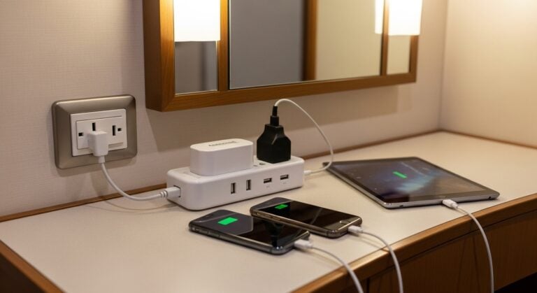 A cruise-approved power strip for a family charging multiple phones and a tablet in a cruise ship cabin.