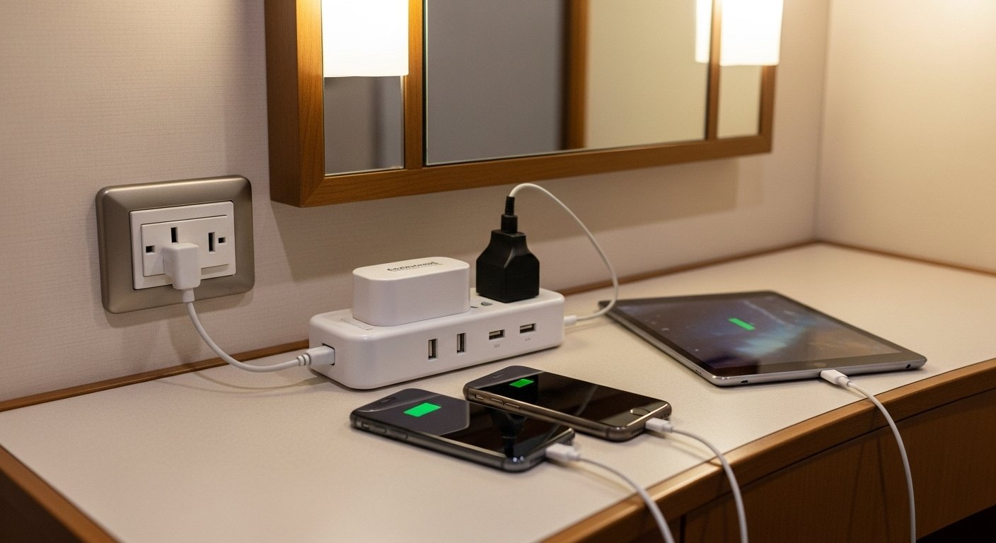 A cruise-approved power strip for a family charging multiple phones and a tablet in a cruise ship cabin.