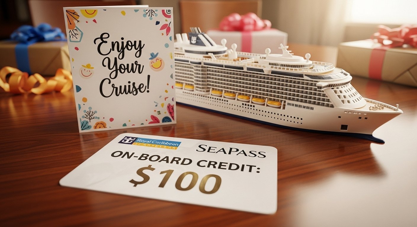 A graphic showing a Bon Voyage card and a SeaPass card, illustrating how to gift on-board cruise credit.