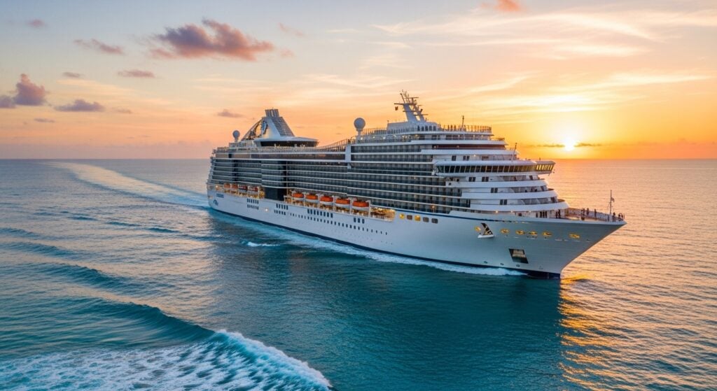 A large, modern cruise ship sailing on calm turquoise waters at sunset, considered one of the best vacations for multi-generational families.
