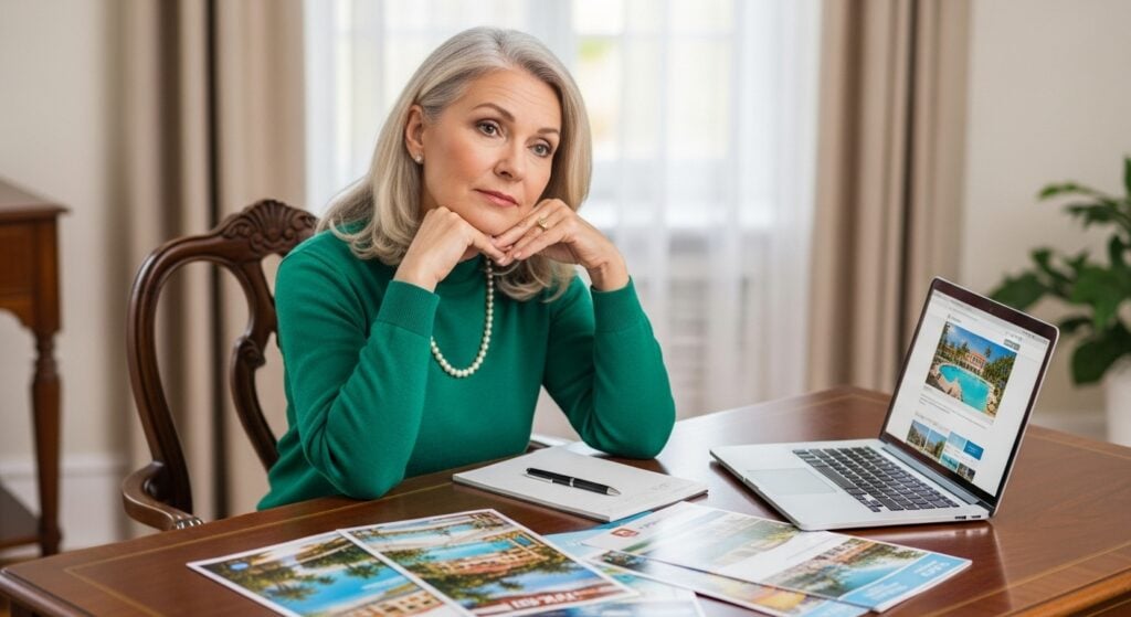 A woman feeling the stress of group vacation planning for her multi-generational all-inclusive resort trip.